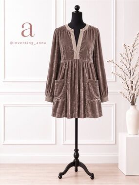 Free People Taupe Velvet Boho Peasant Mini Dress Long Sleeve Pockets
